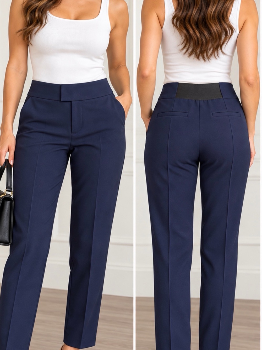 ARGENT Navy High-Waist Straight Trousers with Back Stretch Panel